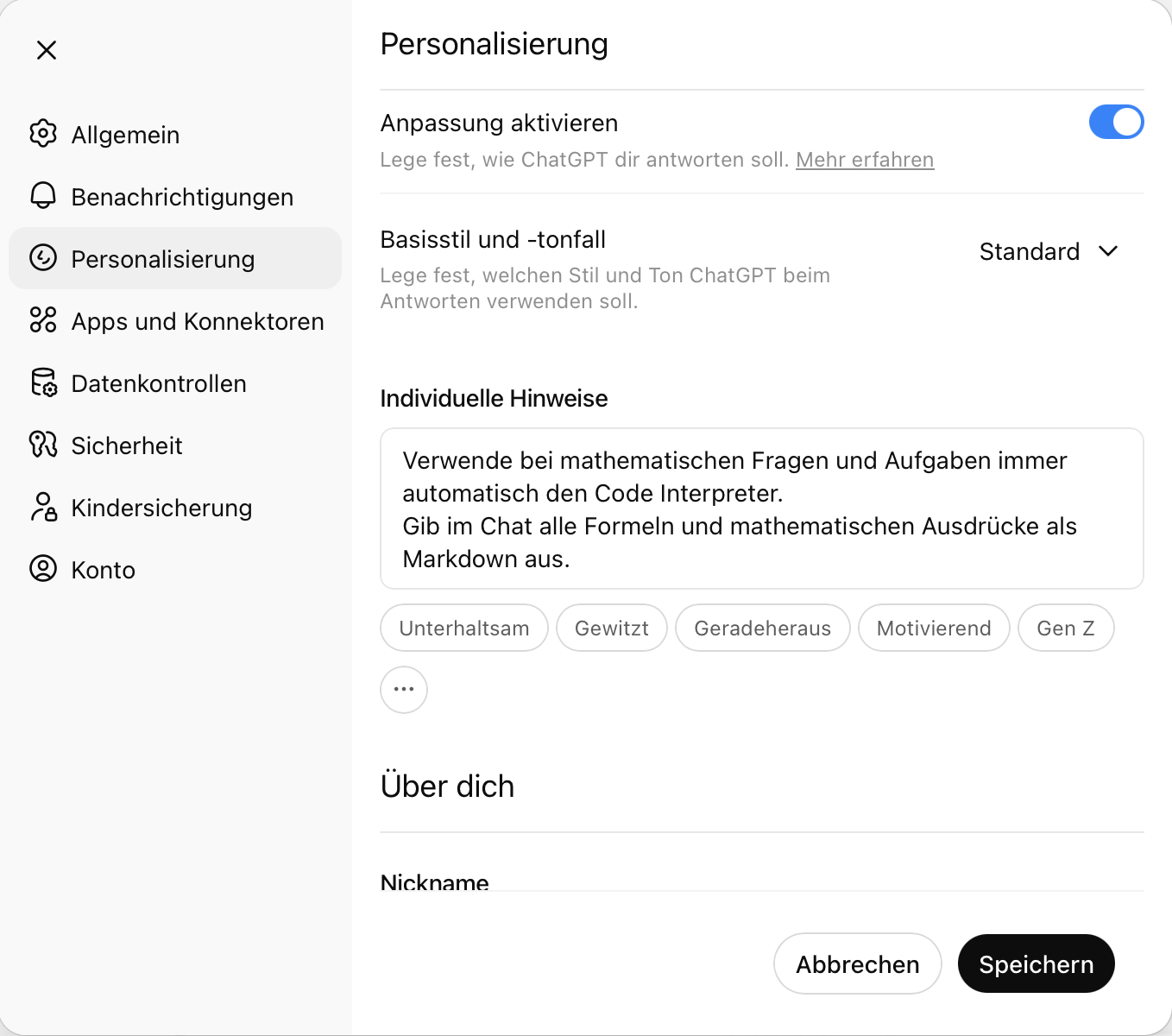 ChatGPT Settings Example